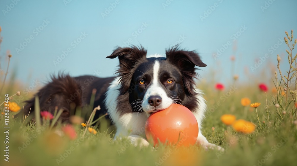 Playful border collie with orange ball in flowery meadow, companionship Playful border collie with orange ball in flowery meadow, companionship