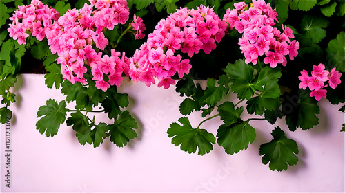 pink flowers pelargonium cucullatum bloom through the decorative openings of a white wall, framed by lush green leaves  photo