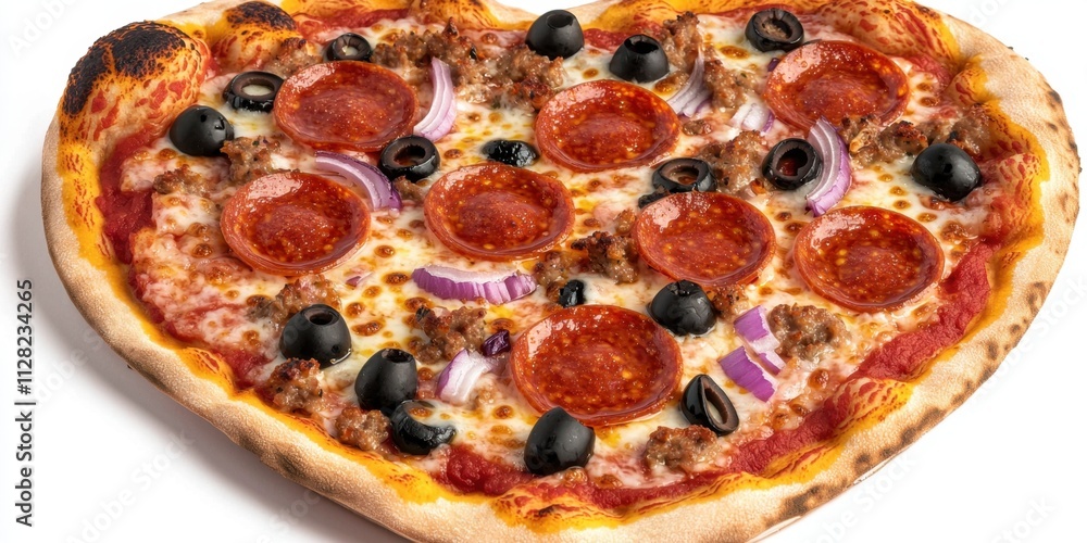 Heart-shaped pizza concept for Valentine's Day. Heart-shaped pizza topped with pepperoni, olives, and onions Heart-shaped pizza concept for Valentine's Day. Heart-shaped pizza topped with pepperoni, olives, and onions