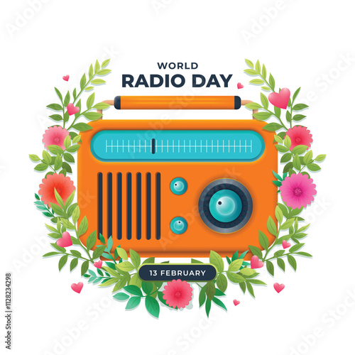 World Radio Day Vector symbol, yellow old radio illustration decorated with floral frame
