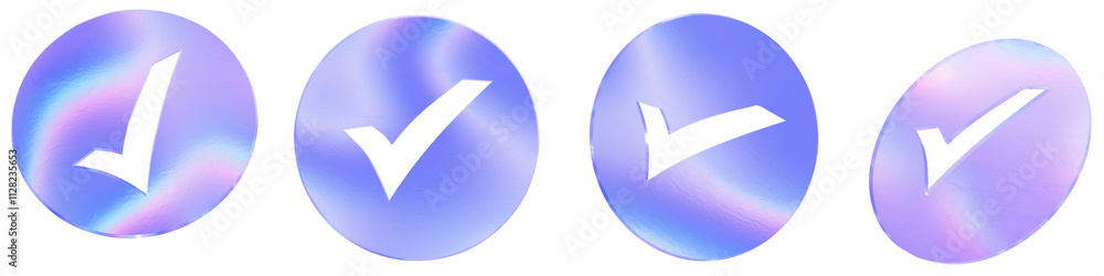 Set of 4 3d glass check mark in a circle shape with aberration effect isolated on a transparent background. Blue tone. 3d transparent elements for graphic design. Set of 4 3d glass check mark in a circle shape with aberration effect isolated on a transparent background. Blue tone. 3d transparent elements for graphic design.
