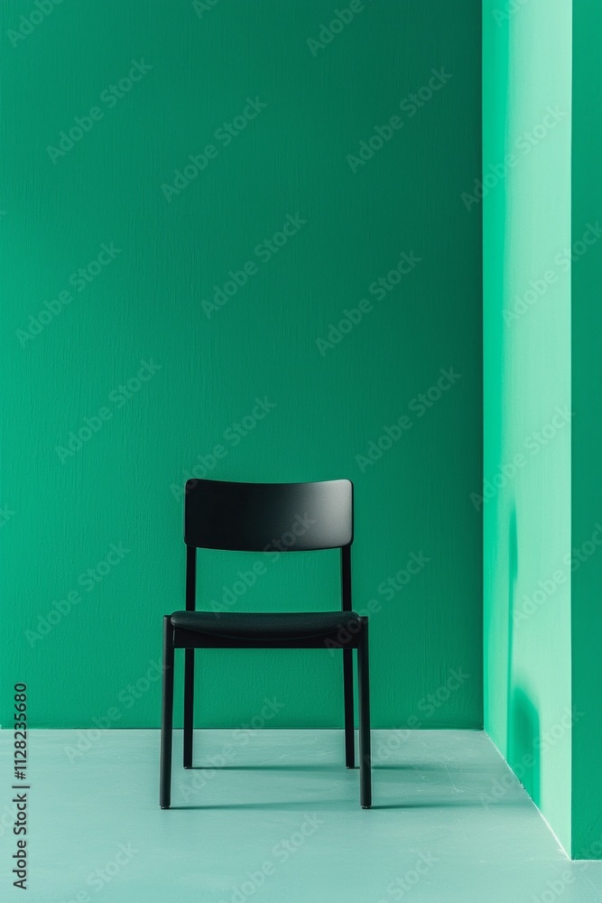 A minimalist black chair sits in the center of an empty room with green walls, creating a striking contrast that highlights its simplicity and elegance. A minimalist black chair sits in the center of an empty room with green walls, creating a striking contrast that highlights its simplicity and elegance.