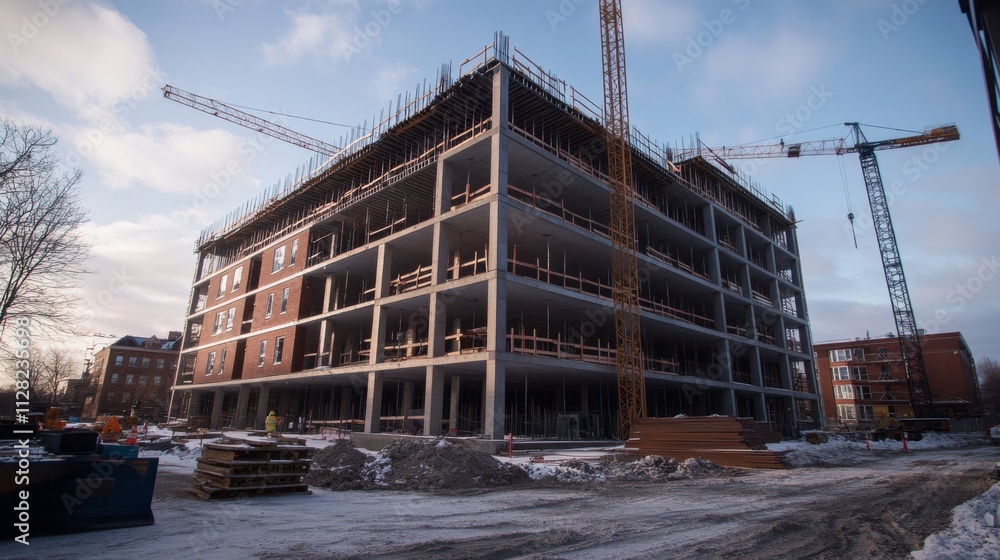 Building under construction with cranes and scaffolding in a cityscape view Building under construction with cranes and scaffolding in a cityscape view