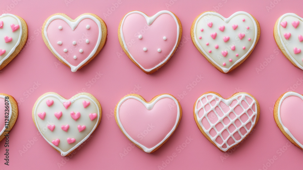 Delightful heart shaped cookies with pink icing and patterns Delightful heart shaped cookies with pink icing and patterns