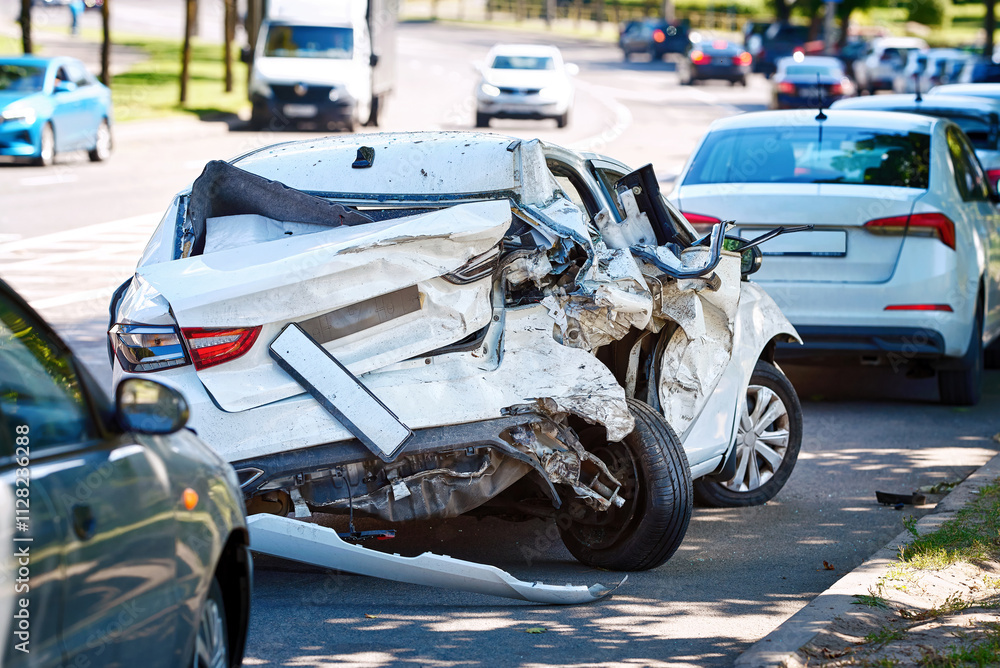 Parked car with fatal damage and totaled frame after rear-end collision, aftermath of devastating traffic accident. Severely wrecked vehicle, rear-end and front-end destruction, parked roadside