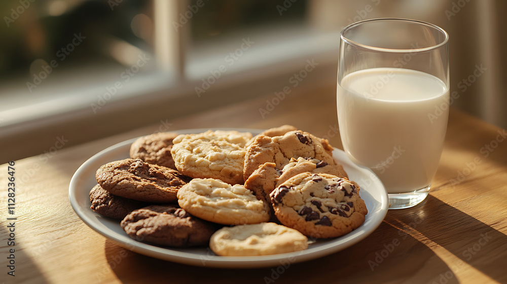 plate of assorted cookies with glass of milk, perfect for sharing plate of assorted cookies with glass of milk, perfect for sharing