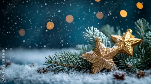 Snowy Winter Night's Christmas Eve Scene with Golden Star Ornaments nestled in a Frosty Pine Branch