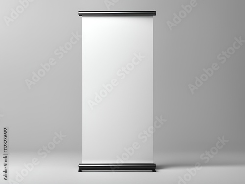  A blank white roll-up banner with a black base stands against a gray background.