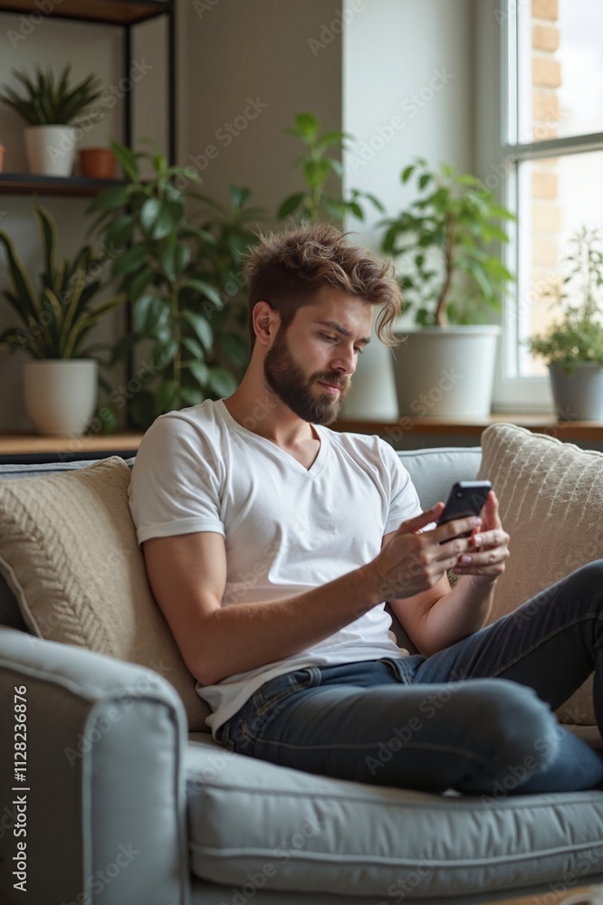 Man browsing smartphone on couch, indoor plants, digital lifestyle Man browsing smartphone on couch, indoor plants, digital lifestyle