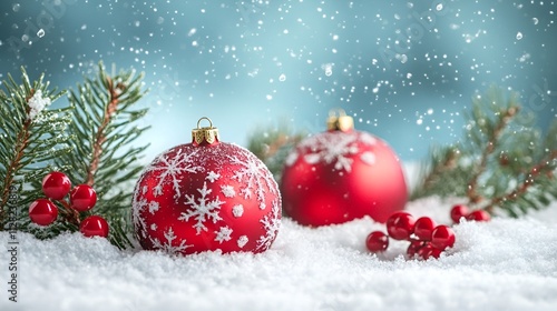 Festive Christmas Scene with Red Ornaments, Snowy Branches, and Holly Berries in a Winter Wonderland
