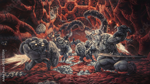 Experience the intense battle within the bloodstream as heroic white blood cells charge against invading pathogens. This striking illustration captures the vibrant fight for immunity and health.