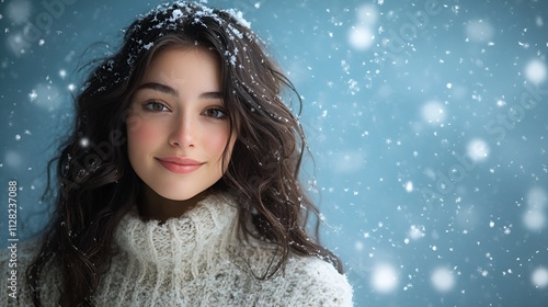 Portrait of a Young Woman with Snow-Kissed Hair, Embracing the Beauty of a Winter's Day with copy space