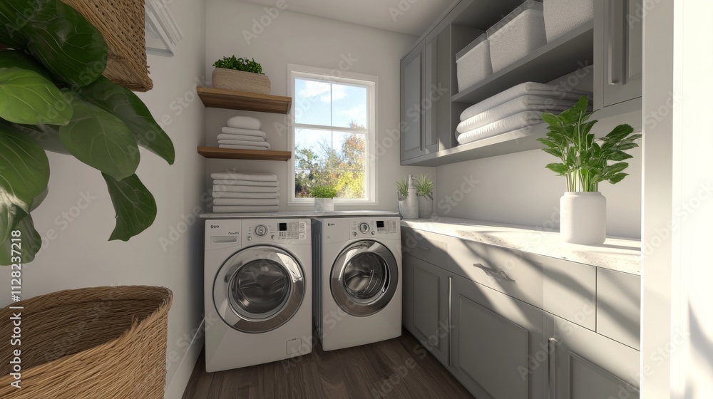 A beautiful and functional laundry room with white walls, gray cabinets, and quartz counters, with a neatly stacked washer and dryer with built-in shelves A beautiful and functional laundry room with white walls, gray cabinets, and quartz counters, with a neatly stacked washer and dryer with built-in shelves