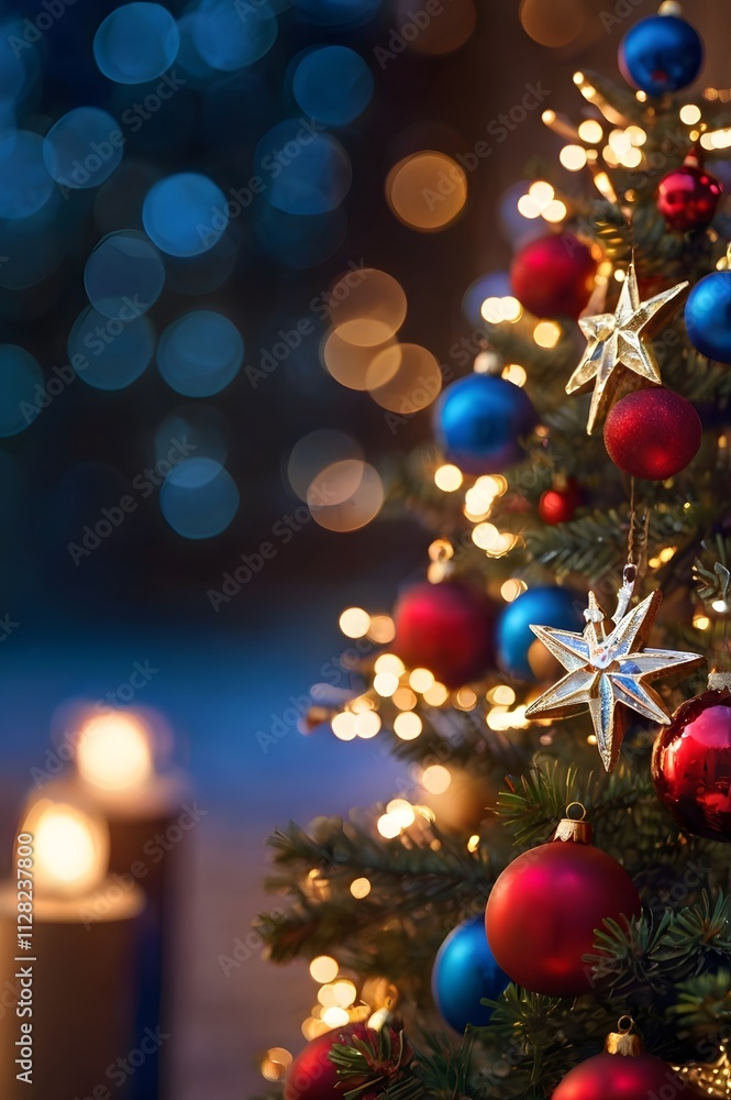 A Christmas tree adorned with twinkling lights and vibrant decorations. A Christmas tree adorned with twinkling lights and vibrant decorations.