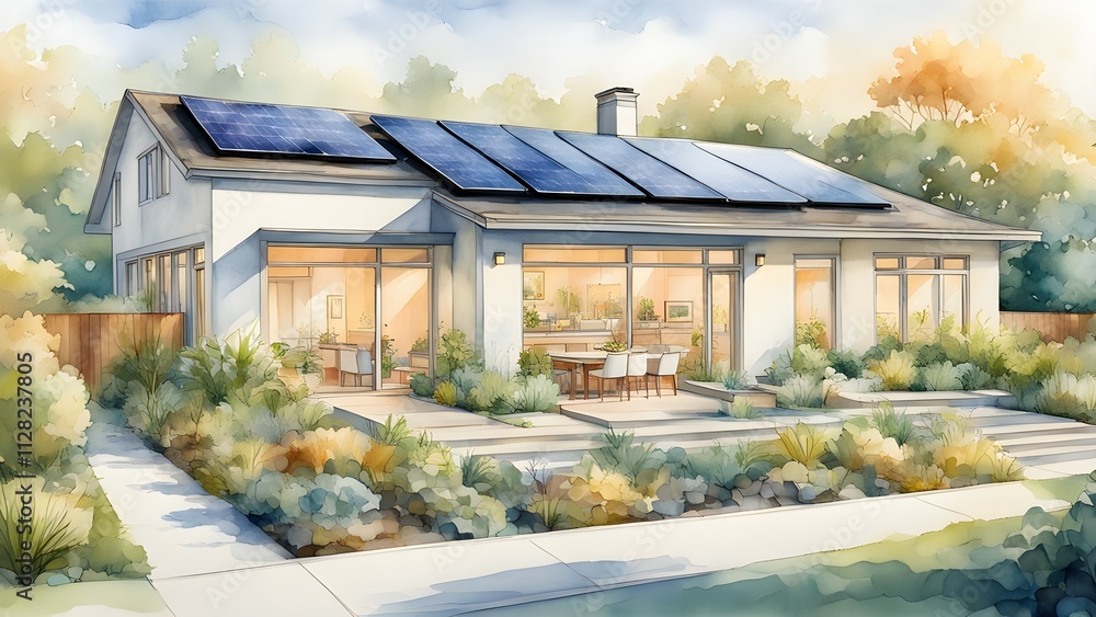 A modern house with solar panels, surrounded by a landscaped garden and outdoor seating. A modern house with solar panels, surrounded by a landscaped garden and outdoor seating.