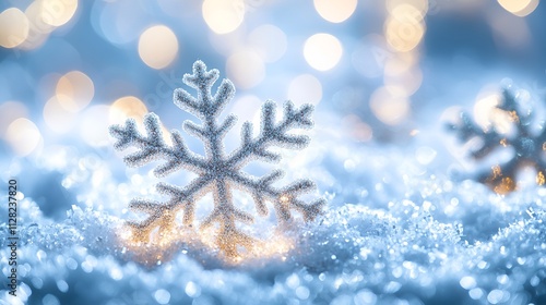Sparkling Snowflake Rests on Glittering Snow, Illuminated by Soft, Festive Lights blurred background