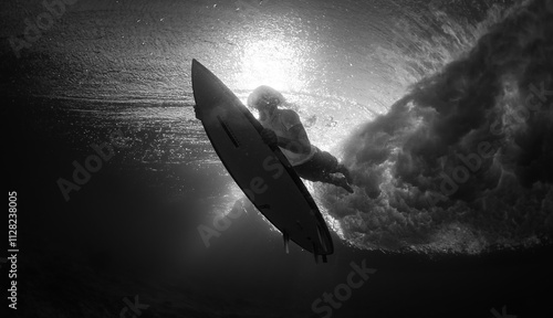 Photography Teen boy surfer dives under the wave with surfing board during sunset