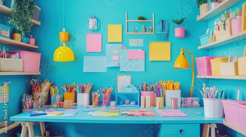 A colorful workspace filled with stationery and creative supplies for artistic projects.