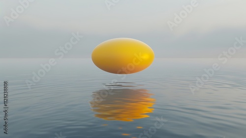 A bright yellow ellipsoid floating above a calm gray surface photo