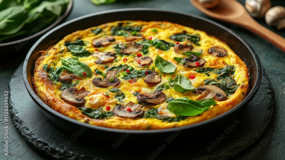 egg frittata with mushrooms and spinach on the table egg frittata with mushrooms and spinach on the table