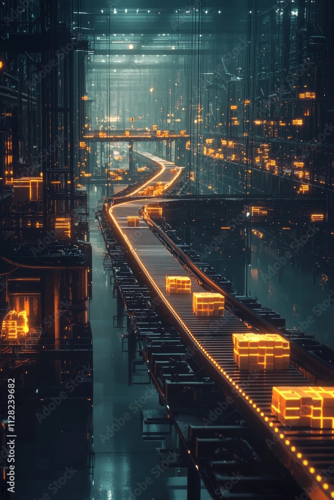Obraz premium A nighttime view of a glowing factory interior, with conveyor belts moving rows of illuminated boxes.