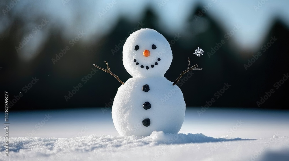 Cheerful snowman welcomes winter in a snowy landscape capturing joyful moments under clear skies Cheerful snowman welcomes winter in a snowy landscape capturing joyful moments under clear skies