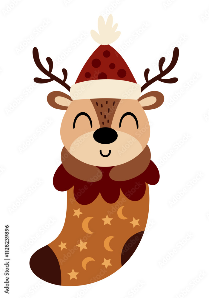Fototapeta premium Cute deer in Christmas sock. Christmas deer clipart. Cute festive character. Hand draw vector illustration in flat style