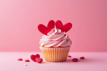 Saint Valentines Day background. Cupcake or tartlet with pink meringue cream decorated with two big red hearts, love symbol, and small heart shape candies. Copy space, pink background
