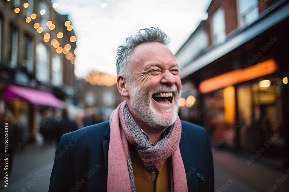 Portrait of a senior man laughing while walking in the city. Portrait of a senior man laughing while walking in the city.