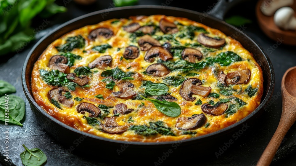 egg frittata with mushrooms and spinach on the table egg frittata with mushrooms and spinach on the table