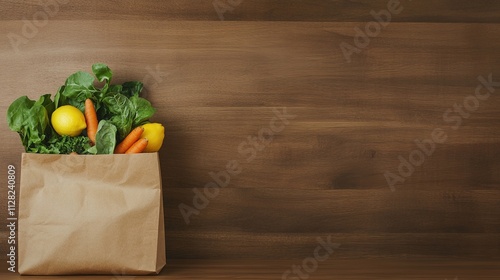 brown paper bag filled with fresh organic produce like leafy greens carrots and lemons placed on simple wooden counter photo