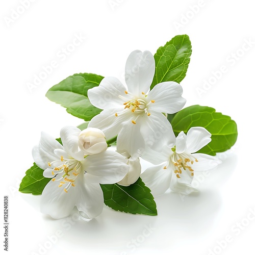 Jasmine flowers with green leaves on white background, top view