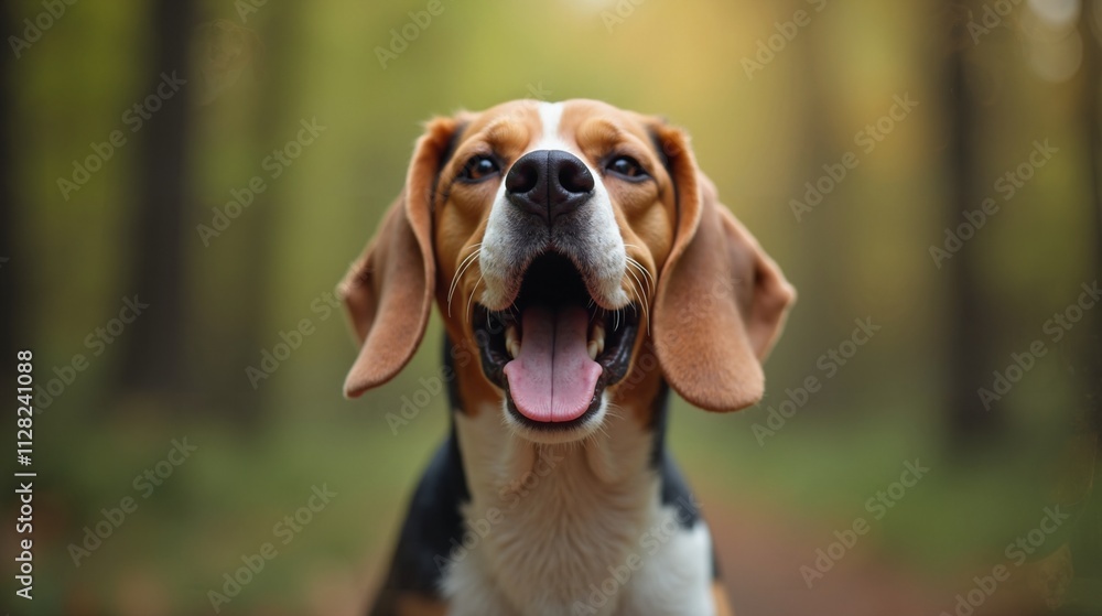 Happy beagle dog yawning in forest, canine joy Happy beagle dog yawning in forest, canine joy