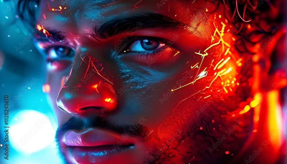 Close up of a focused athlete face with data overlay and neural network nodes around the eyes, representing AI-enhanced vision and performance Close up of a focused athlete face with data overlay and neural network nodes around the eyes, representing AI-enhanced vision and performance