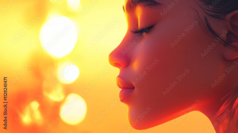 Woman Profile Illuminated By Warm Sunset Light Woman Profile Illuminated By Warm Sunset Light
