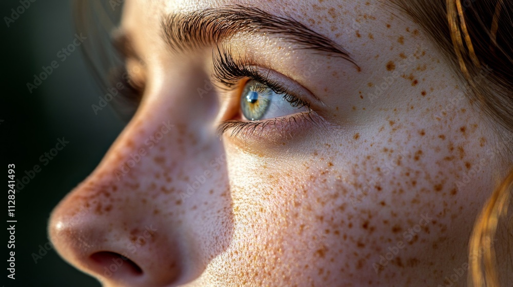 Close up of a freckled face gazing off into the distance