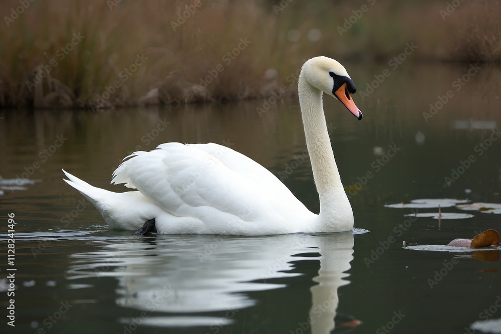 Graceful white swan gliding on calm pond, natural beauty Graceful white swan gliding on calm pond, natural beauty