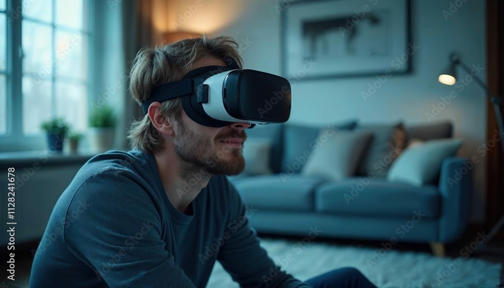 Immersed in a New Reality: A man wearing VR headset, experiencing the metaverse at home, sitting on the floor in a living room with a window and a lamp. Immersed in a New Reality: A man wearing VR headset, experiencing the metaverse at home, sitting on the floor in a living room with a window and a lamp.