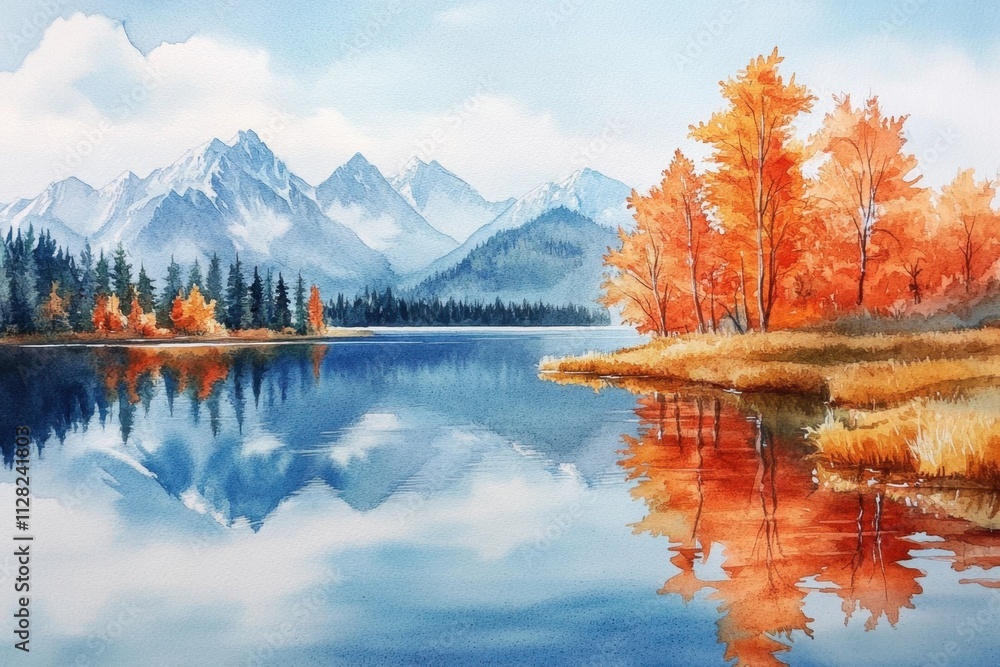 Fototapeta premium Watercolor depiction of a tranquil lake embraced by autumnal mountains.