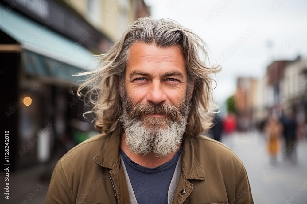 Portrait of a handsome middle-aged man with long gray hair and beard in the city. Portrait of a handsome middle-aged man with long gray hair and beard in the city.