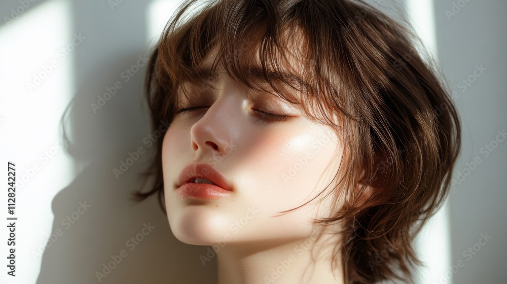 Naklejka premium Young Woman With Short Brown Hair Eyes Closed