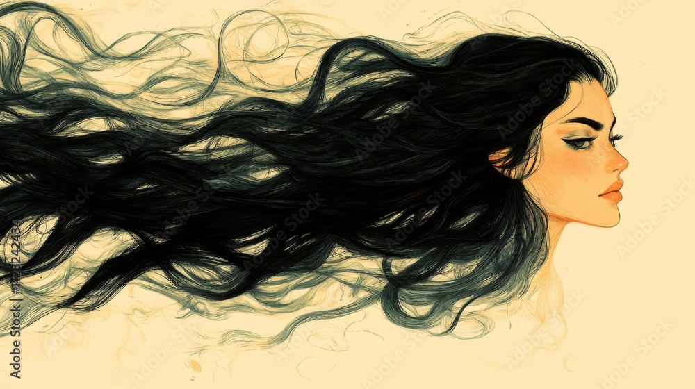 Woman with Long Flowing Dark Hair Profile View Woman with Long Flowing Dark Hair Profile View
