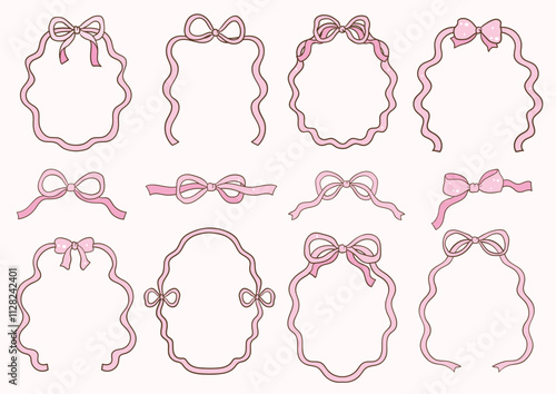 Whimsical Hand-Drawn Ribbon Bow Frame. Vector Illustration