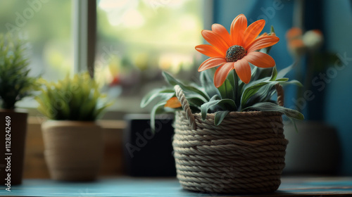 "A plastic flower arranged in a rope basket, placed neatly on a desk inside the house, adding a touch of nature to the indoor space."