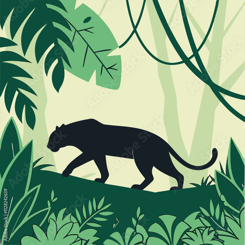 Silhouette of a Jaguar Walking Stealthily Through Jungle Foliage  Vector Illustration