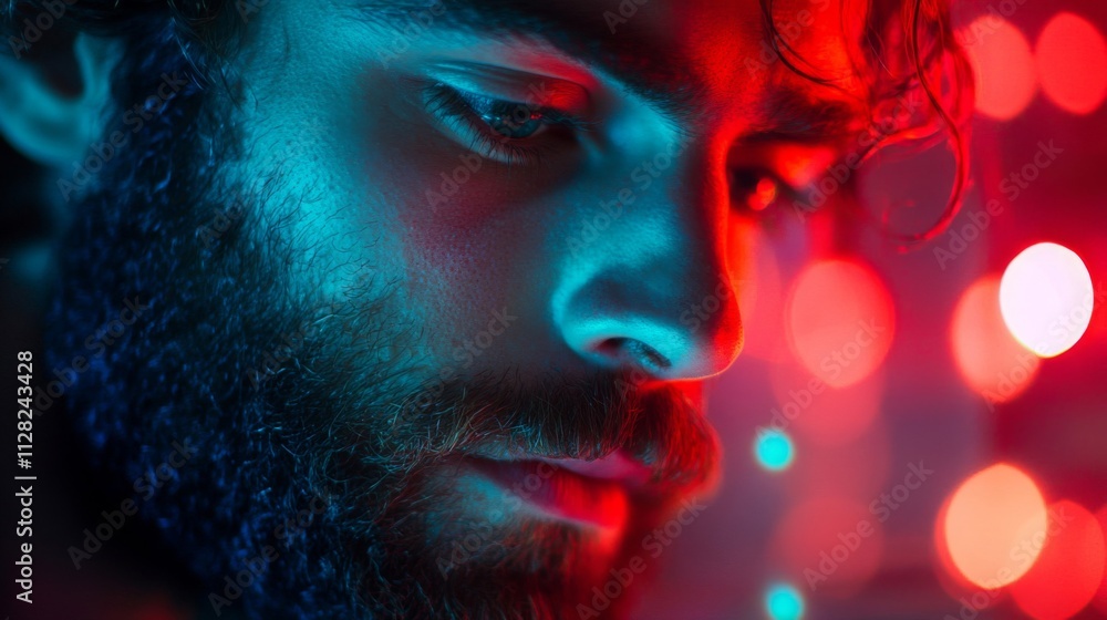 A Mans Face Lit With Blue And Red Lights A Mans Face Lit With Blue And Red Lights