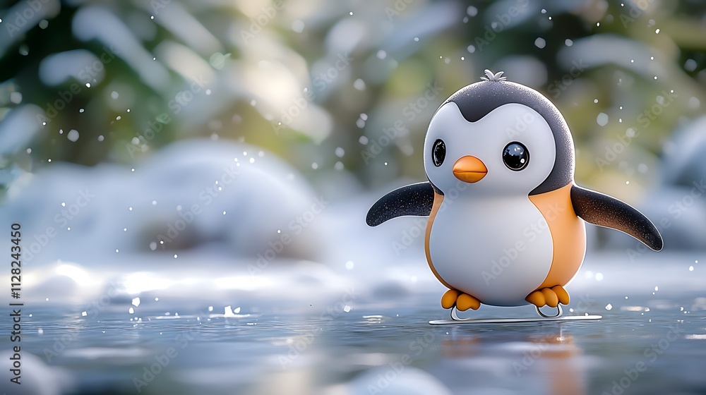 Fototapeta premium Cute Penguin Ice Skating Winter Fun Adorable 3D Render