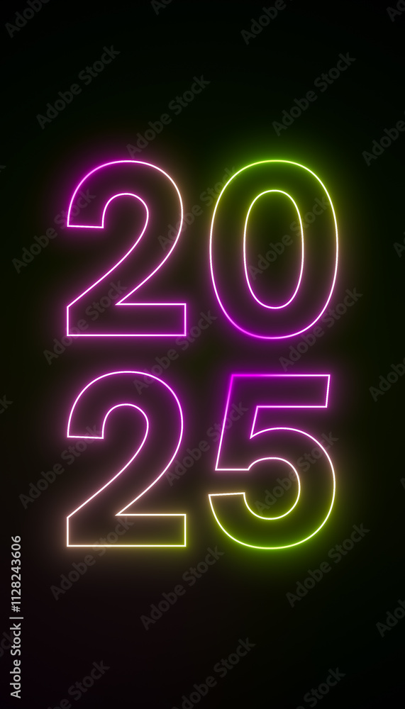 Vertical illustration of abstract neon lights with the numbers 2025 in green and magenta over dark background - represents the new year - vacation concept. Vertical illustration of abstract neon lights with the numbers 2025 in green and magenta over dark background - represents the new year - vacation concept.