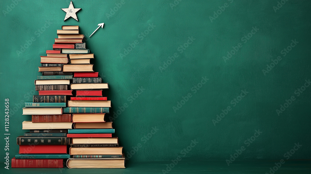Christmas Tree of Books: A whimsical Christmas tree crafted from a stack of vintage books, adorned with a silver star, set against a deep green backdrop. Christmas Tree of Books: A whimsical Christmas tree crafted from a stack of vintage books, adorned with a silver star, set against a deep green backdrop.