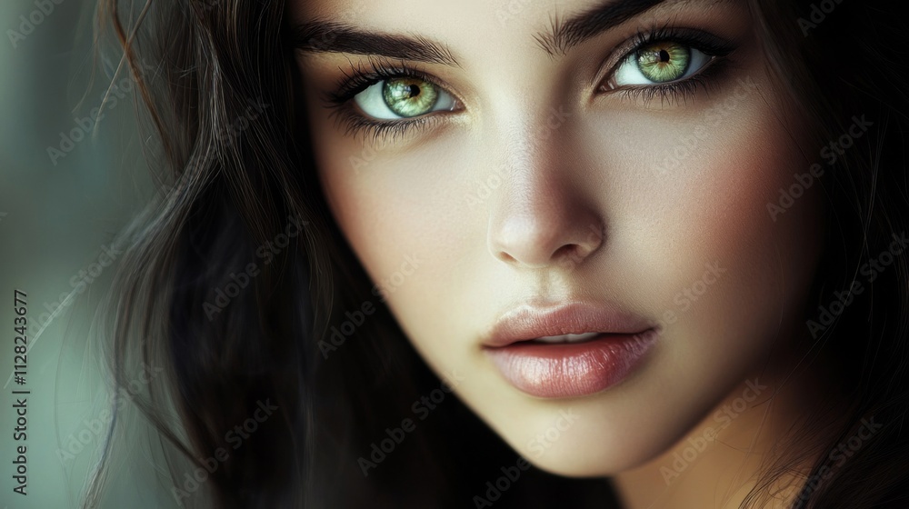 Close up portrait of a young woman with green eyes